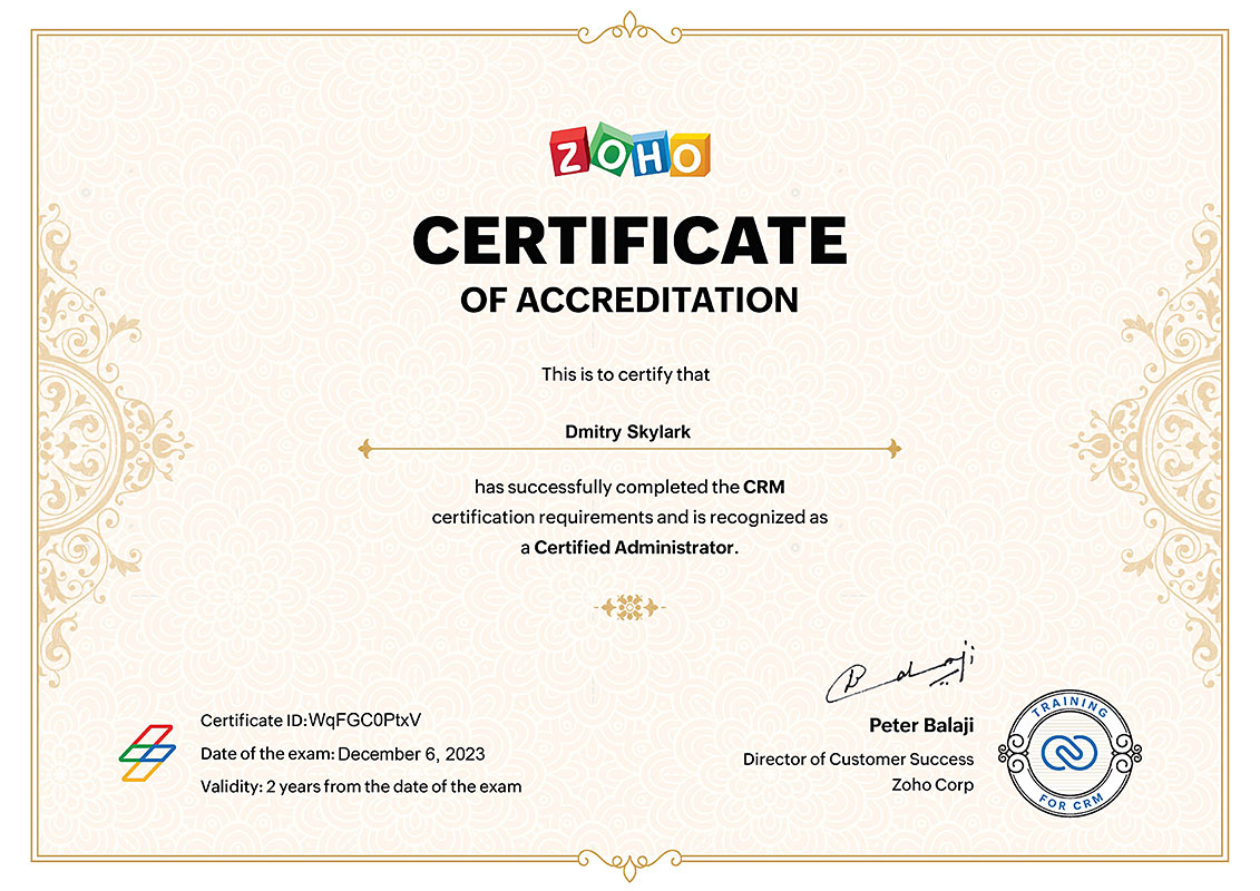 Dmitry Skylark - Certified Zoho CRM Administrator
