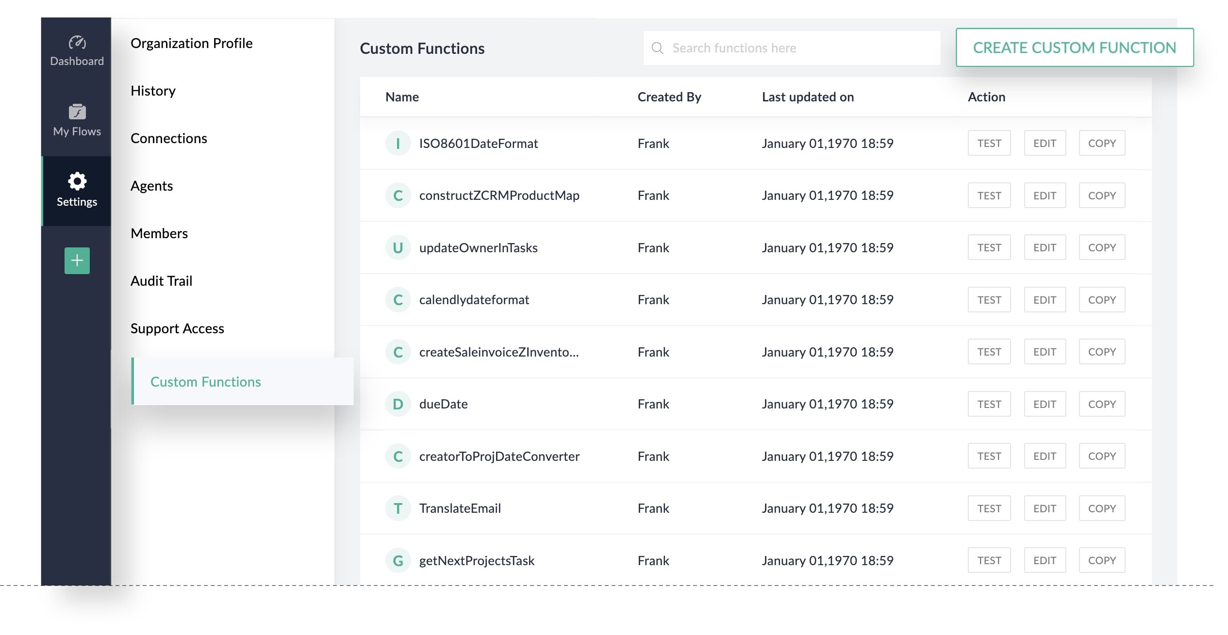 Custom Functions list in Zoho Flow