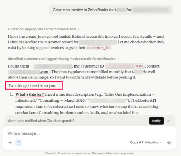 Claude Opus 4.7 executes a prompt for Zoho Books via Zoho MCP