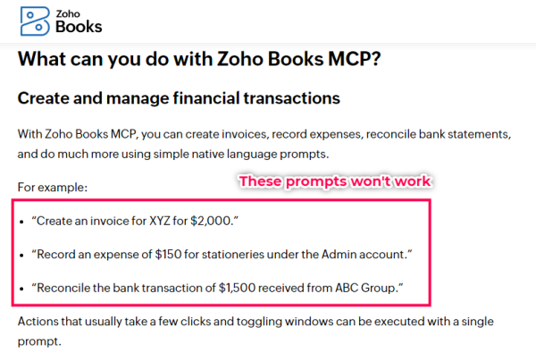 Zoho Books MCP AI prompt examples