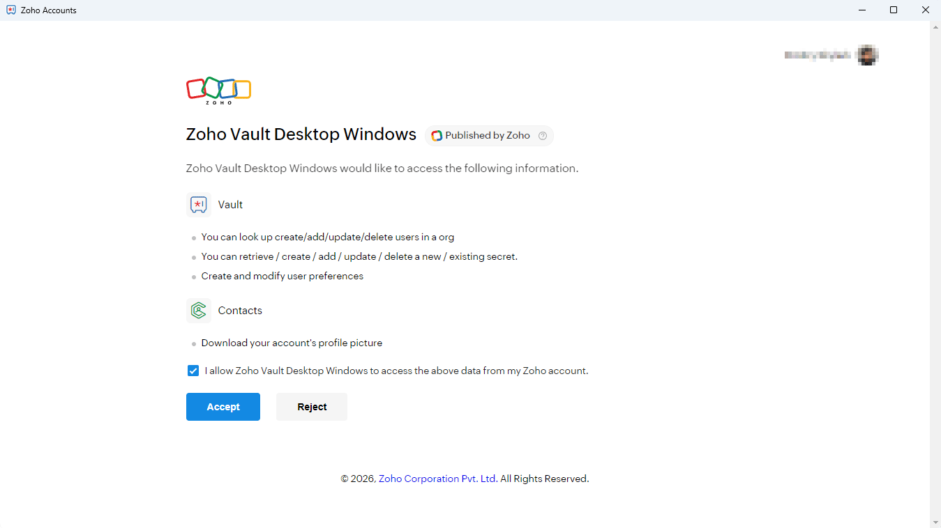 Zoho Vault Desktop for Windows - Authentication