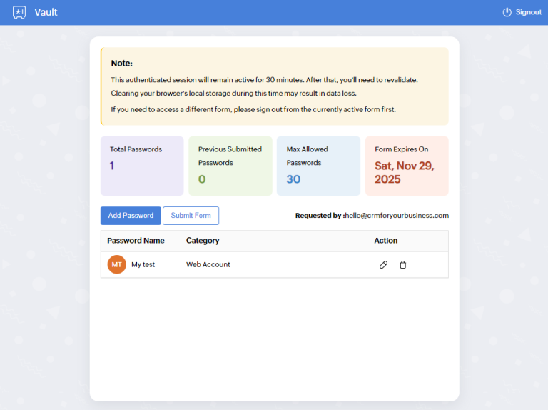 Zoho Vault SecureForm Interface